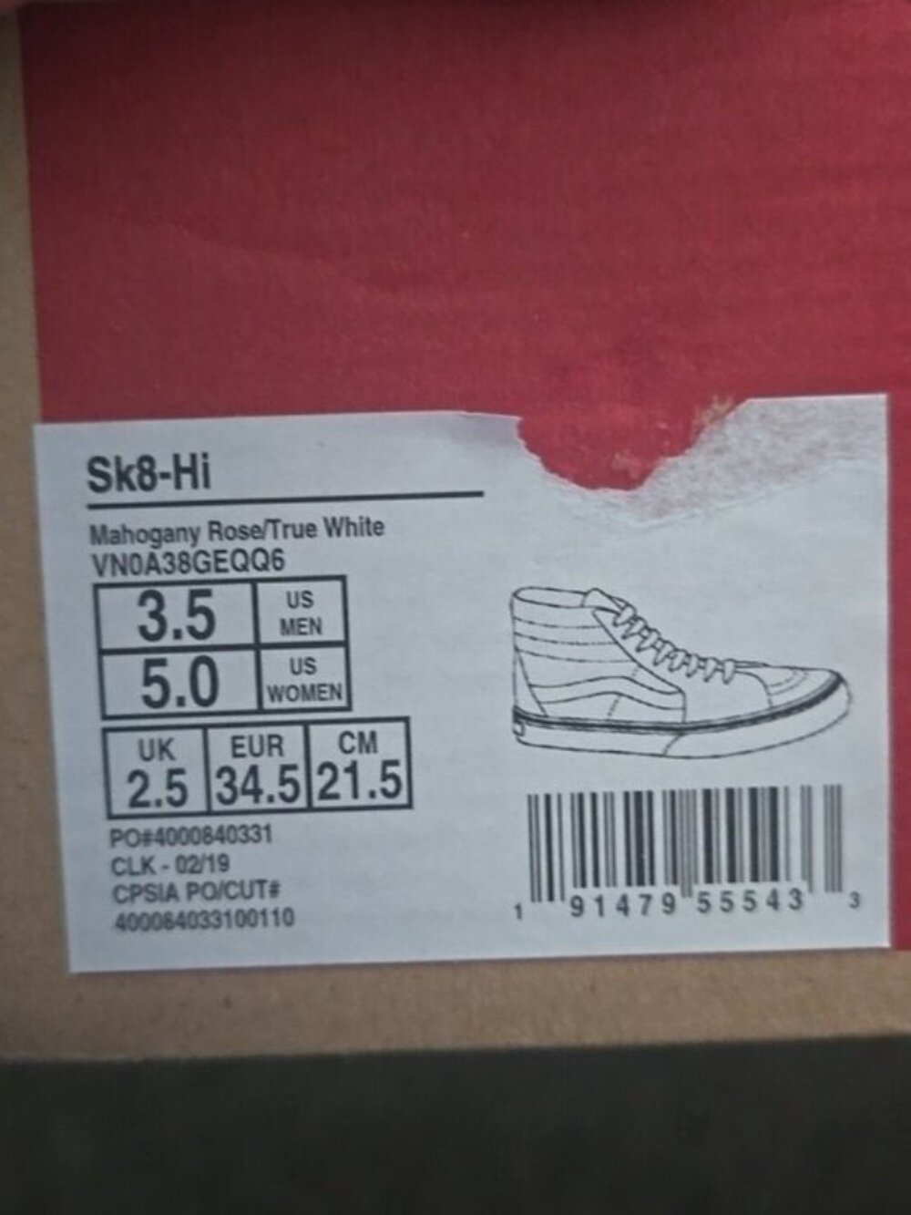 Vans Sk8 Hi Classic Women Size 5 Mahogany Rose and True White 0826 - Picture 9 of 9